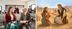 סדרת תמונות:‏ 1.‏ בועז משוחח עם רות בזמן שהיא מלקטת בשדה.‏ 2.‏ זקן־קהילה משוחח עם אחות באולם המלכות.‏