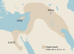 Un mapa on s’indiquen els límits de l’Imperi assiri al segle setè abans de la nostra era. Les zones marcades al mapa inclouen Egipte, l’illa de Xipre i Nínive.
