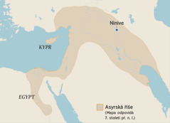 Mapa zobrazující hranice Asyrské říše v sedmém století př. n. l. Na mapě je vyznačený Egypt, Kypr a Ninive