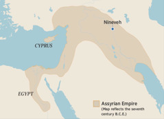 A map showing the boundaries of the Assyrian Empire in the seventh century B.C.E. The locations on the map are Egypt, the island of Cyprus, and Nineveh.