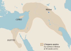 Una cartina indica i confini dell’impero assiro nel settimo secolo a.E.V. Sulla cartina sono indicati l’Egitto, l’isola di Cipro e Ninive.