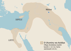 Mapa ilondekesa bhebhi bha sukile o Utuminu wa Asidya, mu hama sambwadi A.K.K. Mu mapa mumoneka Ijitu, kikolo kya Xipele ni Ninive.