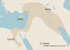 Karte, kurā redzama Asīrijas teritorija 7. gs. p.m.ē. Kartē iezīmēta arī Ēģipte, Kipra un Nīnive.