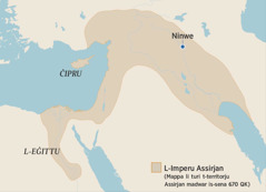 Mappa li turi t-territorju tal-Imperu Assirjan madwar is-sena 670 QK. Il-postijiet li jidhru huma l-Eġittu, Ċipru, u Ninwe.