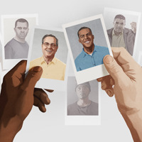 A black man holding a photo of a smiling white man, and a white man holding a photo of a smiling black man. In the background are photos of angry people.