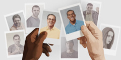 A black man holding a photo of a smiling white man, and a white man holding a photo of a smiling black man. In the background are photos of angry people.