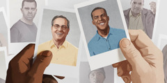 Een zwarte man heeft een foto in zijn hand van een lachende blanke man en een blanke man heeft een foto in zijn hand van een lachende zwarte man. Op de achtergrond zijn foto’s van mensen die kwaad zijn.