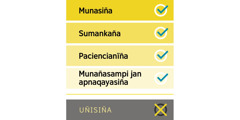 Espíritu santon achupat mä qhawqhanaka: munasiña, sumankaña, paciencianïña, munañasampi jan apnaqayasiña. Uñisisiñajj janiw espíritu santon achupäkiti.