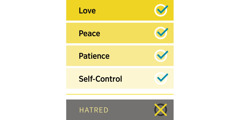 A diagram listing the positive qualities of love, peace, patience, and self-control, and the negative quality of hatred.