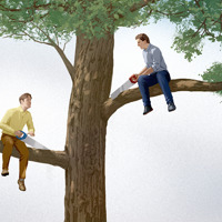 Two angry men sitting opposite each other on the branches of a tree. Each man saws off the branch he is sitting on.