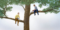 To vrede mænd sidder over for hinanden i et træ på hver sin gren. De er begge i gang med at save den gren af de selv sidder på.