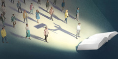 People walking towards a large open Bible that illuminates them. Their shadows depict their former negative qualities.