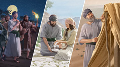 Collage: 1. A young man leaves Egypt alongside other Israelites. 2. The same man, a few years later, gleans manna with his wife in the wilderness. He is wearing the same garment as he did when he left Egypt. 3. The man, much older, examines his tent and is still wearing the same garment.