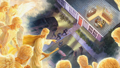 Jesus and the angels watching as police officers with weapons approach a house with Witnesses inside.