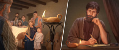 סדרת תמונות:‏ 1.‏ יעקב מביט בלהבה של מנורת שמן בזמן שהוא כותב איגרת.‏ 2.‏ קהילה במאה הראשונה לספירה מקשיבה בזמן שאיגרתו של יעקב מוקראת.‏ מנורת שמן מאירה את החדר.‏