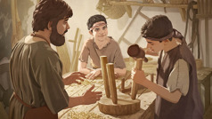 Jakab kisfiúként figyeli, ahogy József az ácsmesterségre tanítja Jézust.
