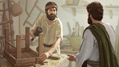 Jaume treballant a la fusteria mentre escolta el que Jesús li diu després d’haver estat ressuscitat.