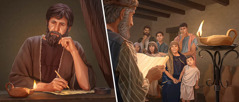 Collage: 1. James looks at the flame of an oil lamp as he writes a letter. 2. A congregation of first-century Christians listens as the letter of James is read to them. An oil lamp illuminates the room.