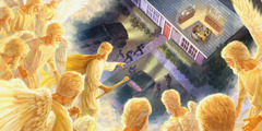 耶穌和一些天使看着一隊警察拿着武器靠近一棟房子，裏面有幾個耶和華見證人。