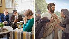 סדרת תמונות:‏ 1.‏ ישוע בוכה עם שאר המתאבלים,‏ וביניהם מרים ומרתא.‏ 2.‏ שני זקני קהילה מנחמים אחות אבלה שאיבדה בן משפחה.‏