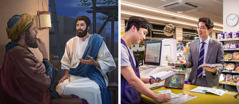 Collage: 1) Jesús ensenyant a Nicodem durant la nit. 2) Un germà a una botiga dirigint un curs bíblic al noi que treballa de caixer. Són més de les deu de la nit.