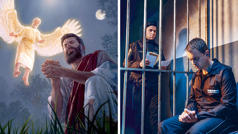 Collage: 1. Jesus prays as an angel comes to strengthen him. 2. A brother in a prison cell prays while a guard watches him.