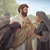 Jesus chorando junto com outras pessoas, incluindo Maria e Marta.