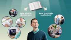 Koláž: Bratr přemýšlí nad různými způsoby, jak se k němu může dostat rada. Z otevřené Bible ve vrchní části obrázku vychází šipky, které ukazují na dva způsoby. 1. Rada, které si všimneme sami: bratr je na shromáždění; čte si Bibli; dívá se na JW Broadcasting; studuje si Strážnou věž. 2. Rada, kterou nám dá někdo jiný: bratr poslouchá, co mu říká jiný bratr, a dívá se na to, co mu ukazuje na tabletu; dva bratři jsou u něho na pastýřské návštěvě