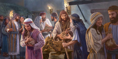 Cristãos que fugiram da Judeia para a cidade de Pela recebendo alimentos de seus irmãos na fé.