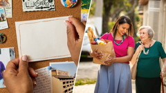 Collage: 1. A sister pins a card to a board on which she has written the word “empathy” and the words of Matthew 22:39. 2. The sister carries a bag full of groceries for an elderly sister.