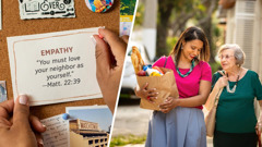 Collage: 1. A sister pins a card to a board on which she has written the word “empathy” and the words of Mafyou 22:39. 2. The sister carries a bag full of groceries for an elderly sister.