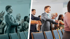 Collage: Contrasting scenes during a congregation meeting. 1. The earlier image of a young brother holding back from singing at a congregation meeting. 2. The young brother sings enthusiastically.
