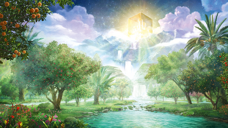 The symbolic city of New Jerusalem coming down out of heaven and shining brightly. A river flows from the city. On both sides of the river are fruitful trees.