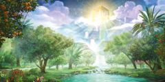 The symbolic city of New Jerusalem coming down out of heaven and shining brightly. A river flows from the city. On both sides of the river are fruitful trees.