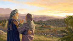 욥과 그의 아내가 언덕에 서서 그들의 가축과 집을 바라보고 있습니다.