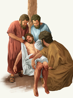 예수의 제자들이 형주에서 그분의 시신을 내려 천으로 감싸고 있는 모습.