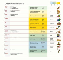 Uno schema del calendario ebraico che include mesi, feste e ricorrenze, informazioni meteorologiche e raccolti.