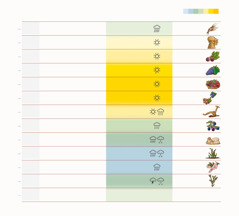 Uma tabela mostrando os meses, os eventos, as festividades, o clima e as colheitas de acordo com o calendário hebraico.