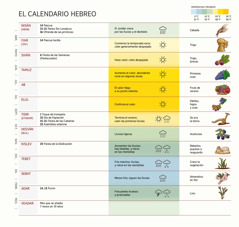 Un gráfico del calendario hebreo en el que aparecen los meses, las fiestas nacionales, las características del clima y las cosechas.