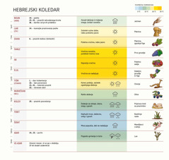 Razpredelnica hebrejskega koledarja, ki prikazuje mesece, praznike, vremenske razmere in pridelke.