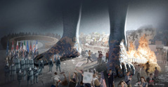 The feet of iron and clay from Daniel’s vision of the giant image. Amid the feet are protesters stirring up civil unrest, guards with shields, world leaders meeting together, and members of the United Nations at an assembly.