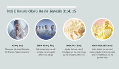 Foto ndị na-egosi: “Ndị e kwuru okwu ha na Jenesis 3:14, 15.” 1. Agwọ ahụ: Setan, onye e sere ebe ọ bụ mmụọ ozi. 2. Nwa agwọ ahụ: ndị mmụọ ọjọọ. 3. Nwaanyị ahụ: ndị mmụọ ozi. 4. Nwa nwaanyị ahụ: Jizọs Kraịst na ndị e tere mmanụ ha na ya ga-eso chịa n’eluigwe. E kwughachiri gbasara ha na paragraf nke 4, 5, 7, na nke 8.