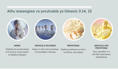 Fotu: “Athu enasorihiwa va Genesis 3:14, 15.” 1.Nowa: Saddana, agali odhulu ninga yopaddusa yomuzimuni. 2. Odhuulu wa nowa: Dhopaddusiwa dhomuzimuni dhowopiha. 3. Muhiyana: Dhopaddusa dhomuzimuni dhoorolomeleya. 4. Odhulu wa muhiyana: Yesu kiristu ni nikuru naye nothikiteriwa egaali odhulu mburo woweela. Muselu ola winowogiwa dili dhowinjhivadhene va ddima 4, 5, 7, ni 8.