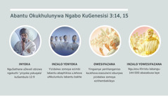 Umfanekiso: “Abantu Okukhulunywa Ngabo KuGenesisi 3:14, 15.” 1. Inyoka: USathane utshengiswa eyingilosi embi. 2. Inzalo yenyoka: izidalwa zomoya ezimbi. 3. Owesifazana: izidalwa zomoya ezithembekileyo. 4. Inzalo yowesifazana: UJesu Khristu labagcotshiweyo sebebusa ezulwini. Abantu esibabona emapikitsheni la kukhulunywa ngabo kundima 4, lo-5 lo-7 lo-8 lo-9.