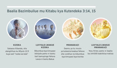 Foto: “Baalia Bazimbuilue mu Kitabu kya Kutendeka 3:14, 15.” 1. Kizoka: Sataana, alangiliilue kuya wali kibumbua kya kimupasi. 2. Luvyalo lwakue kizoka: bibumbua bya kimupasi bibiipile. 3. Mwanakazi: bibumbua bya kisinka bya kimupasi. 4. Luvyalo lwakue mwanakazi: Yesu Kristu pamo ni baalia bakateeka nakue bali mu bulumba bwa ku muulu. Beebi bintu bibuelele kuzimbulua mu lifungu lya 4, 5, 7, ni 8.