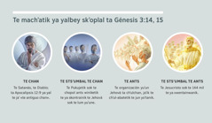 Dibujoetik: «Te machʼatik ya yalbey skʼoplal ta Génesis 3:14, 15». 1. Te chan: Satanás, jaʼ señail te chopol chʼul-abat. 2. Te stsʼumbal te chan: chopol chʼul-abatetik. 3. Te ants: chʼul-abatetik te jun yoʼtanike. 4. Te stsʼumbal te ants: Te Jesucristo sok te machʼatik ya xwentainwanik kʼalalto ta chʼulchan. Jaʼ pajal sok te dibujoetik te ya xchiknaj ta párrafo 4, 5, 7, 8 sok 9.