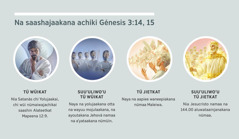 Kojuyasü ayaakuaa: «Na saashajaakana achiki Génesis 3: 14, 15». 1. Tü wüikat: Nia Satanás, chi aapiee meʼrujusaikai. 2. Suuʼuliwoʼu tü wüikat: Naya na aapiee mojulaakana. 3. Tü jietkat: Naya na aapiee waneepiakana nümaa Maleiwa. 4. Suuʼuliwoʼu tü jietkat: Nia Jesús namaa na aluwataainjanakana nümaa chaa iipünaa. Tia ayaakuaakat aküjünüsü süchiki sünain pütchika 4, 5, 7, otta 8.