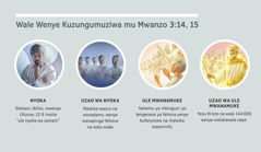 Picha: “Wale Wenye Kuzungumuziwa mu Mwanzo 3:14, 15.” 1. Nyoka: Shetani, kiumbe wa roho. 2. Uzao wa nyoka: malaika waovu. 3. Ule mwanamuke: malaika waaminifu. 4. Uzao wa mwanamuke: Yesu Kristo na watawala wenzake watiwa-mafuta katika utukufu wao mbinguni. Picha zinarudiliwa mu fungu ya 4, 5, 7, na 8.