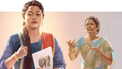 A young woman walking confidently away from her mother, who is gesturing and pleading with her. The young woman is holding the “Enjoy Life Forever!” book.