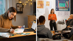 Collage: 1. A young sister uses the brochures “Was Life Created?” and “The Origin of Life​—Five Questions Worth Asking” to do research. 2. The sister gives a presentation at school to her teacher and classmates.